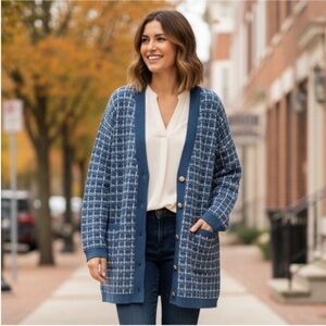 Talbots Petite Merino Wool V Neck Texture Plaid Cardigan